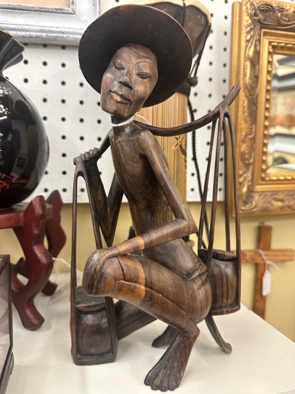 Hand Carved Rosewood Asian Water Carrier Figure Sculpture Vintage Tribal Art